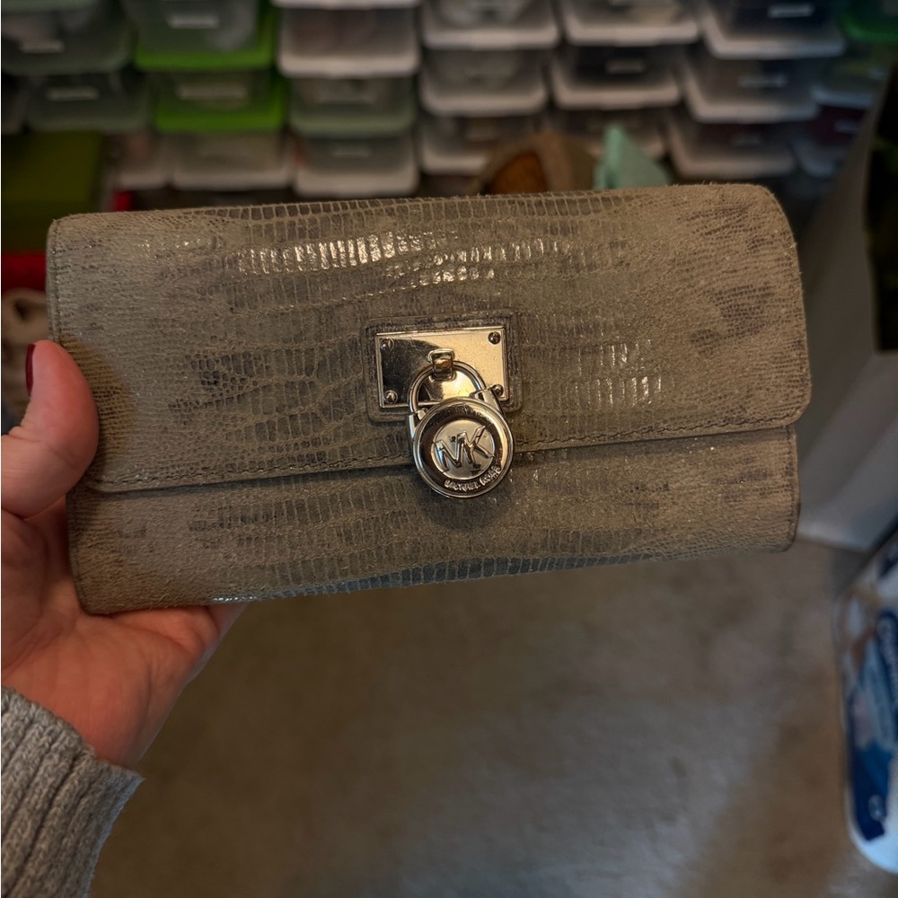 Michael Kors Taupe Crocodile Embossed Clutch